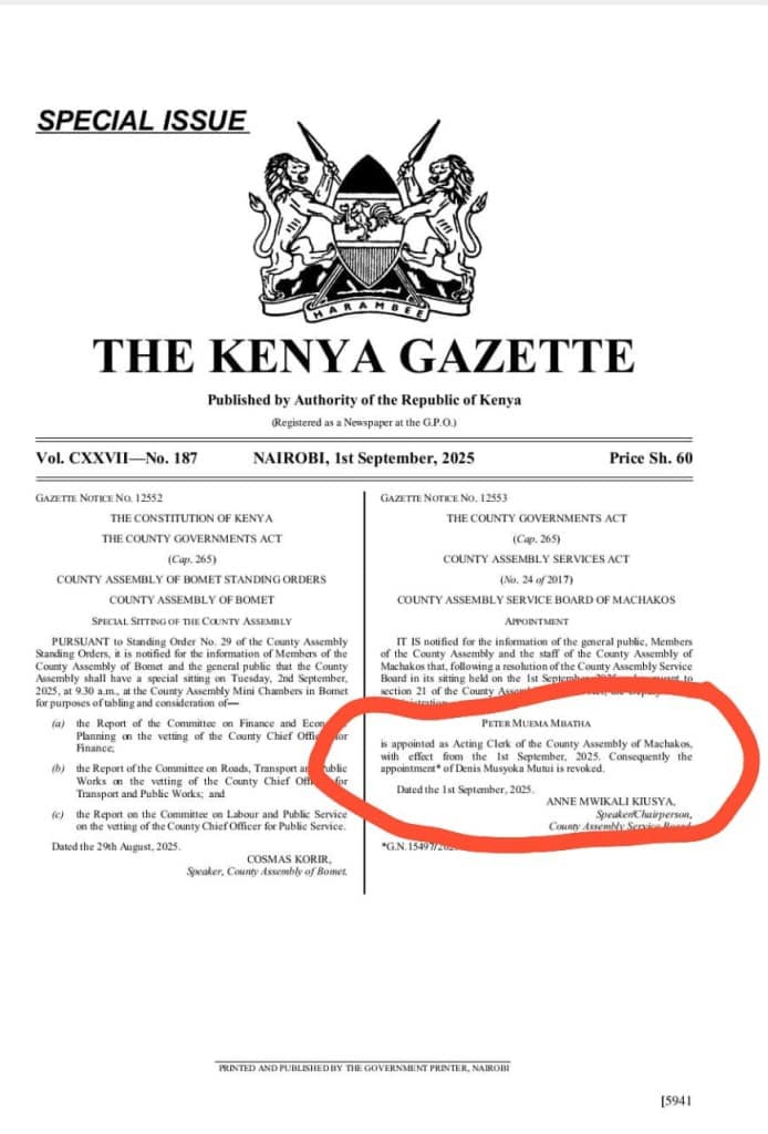 UPDATE: New Assembly Clerk Gazetted as Kiusya Cracks the Whip